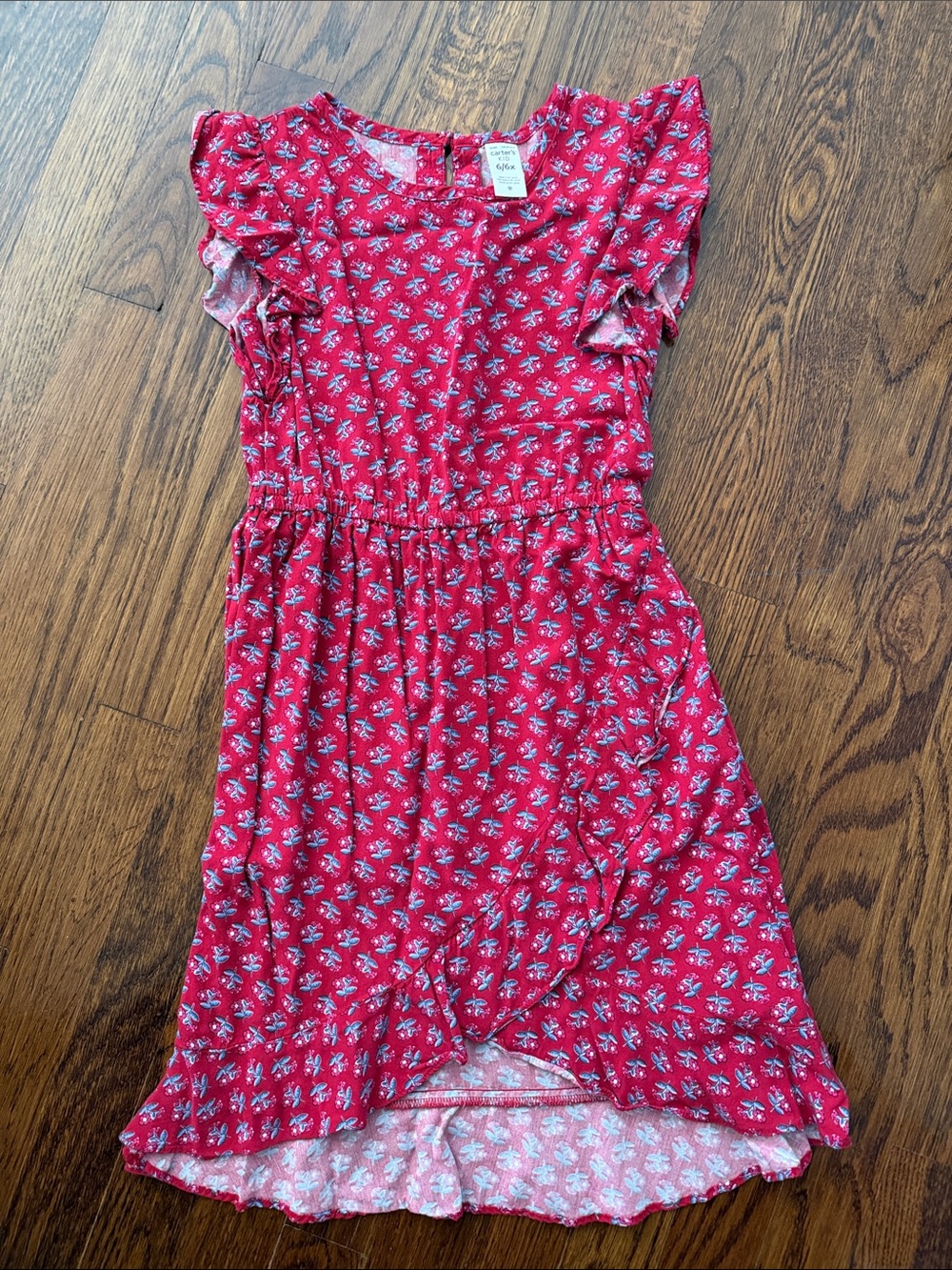 Girls' Red Floral Ruffle Short-Sleeve Dress